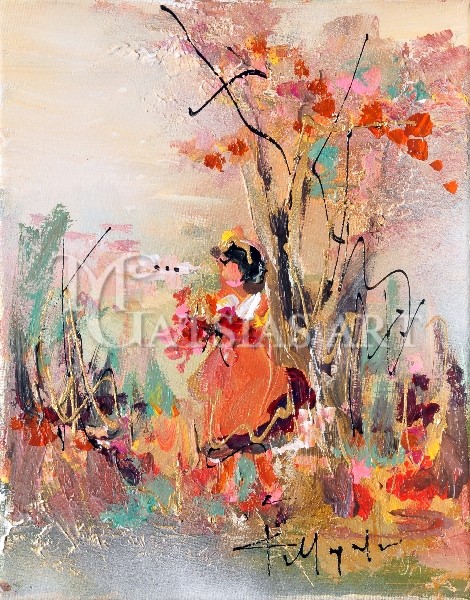 Woman walking in a forest of flowers